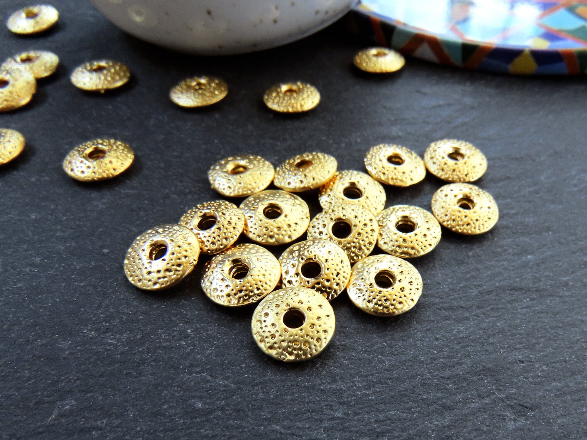Dotted Saucer Spacer Beads, Gold Saucer Beads, Metal Disc Beads